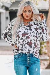 Cow Print Keyhole Long Sleeve Top - Shah S. Sahota